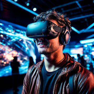 portrait of a man using virtual reality headset at exhibition show