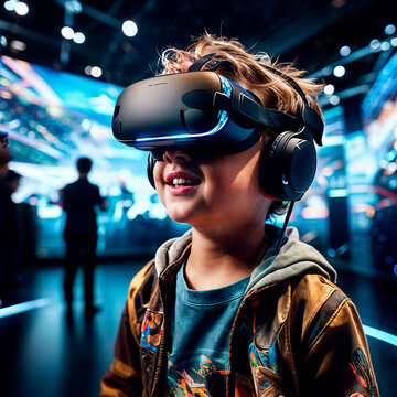 portrait of a young boy using virtual reality headset at exhibition show