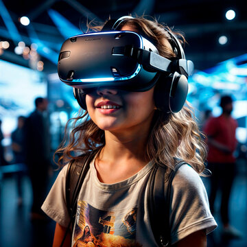 portrait of a young girl using virtual reality headset at exhibition show