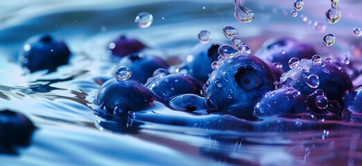 Fresh blueberry splashing in water with droplets flying around, vibrant colors. stock photo of water splash with blueberry Food Photography.