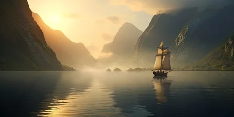 Deurstickers A dreamy scene featuring a sailboat gliding through a mist-covered fjord during a serene sunrise © Svitlana