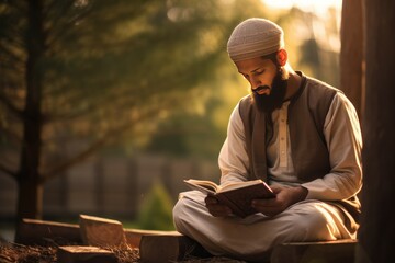 Obraz premium Muslim Man Is Reading The Quran, A Muslim guy is seen reading the Quran, Ai generated