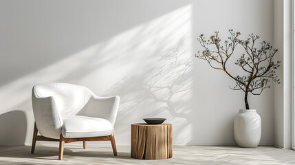 Modern living room interior featuring a soft armchair, a table, and decorative tree branches.