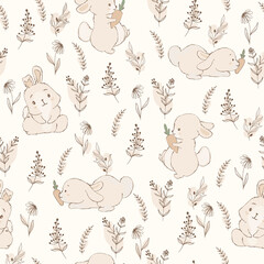 Cute hand drawn Easter seamless pattern with bunnies, flowers, easter eggs, beautiful background, great for Easter Cards, banner, textiles, wallpapers