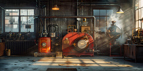 Modern industrial machine room interior design with glass window in machinery room and sun light waves in comming on it 