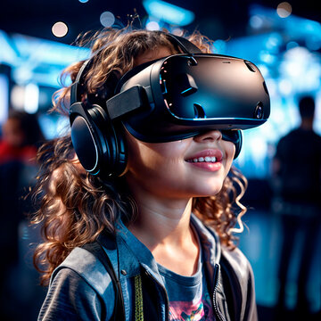portrait of a young girl using virtual reality headset at exhibition show