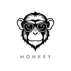 monkey silhouette illustration.  chimpanzee with sunglass black and white vector logo