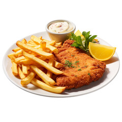 A German schnitzel with fries, lemon isolated on transparent background
