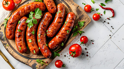 Tasty sausages with tomatoes presented on a board and plate against a white tile background.