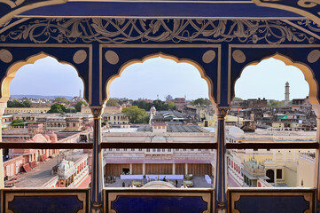 View of City Palace and Jaipur City Through Archways from Sukh Nivas or Blue Room