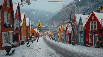 Panorama of historical buildings of Bergen at Christmas time. View of old wooden Hanseatic houses...