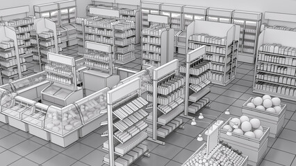Supermarket mockup top view with racks of blank goods. 3d illustration
