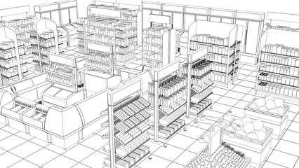 Contour visualization of grocery store mockup top view with racks of blank goods. 3d illustration