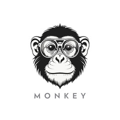 monkey silhouette illustration.  chimpanzee with sunglass black and white vector logo