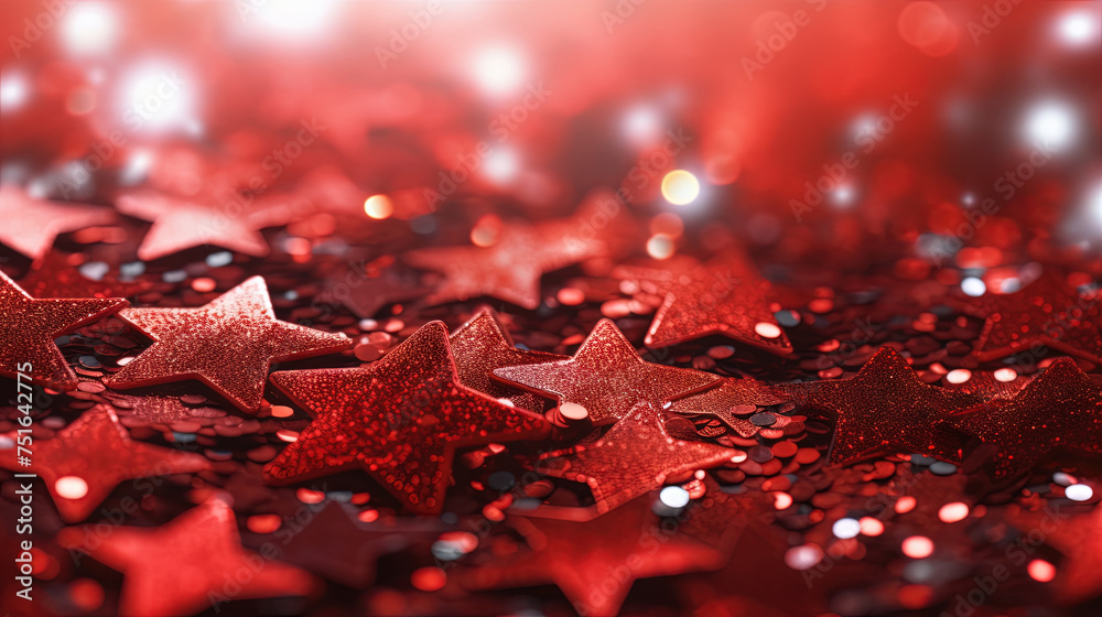 Poster Abstract shiny background with red glitter. Scattered confetti sparkles with bright and vibrant red color.