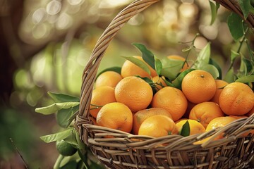 a basket of oranges with leaves