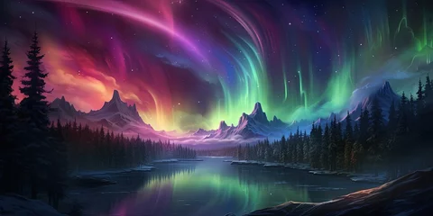 Poster Digital art illustrating fantasy aurora lights streaming above a mystical forest landscape © Svitlana