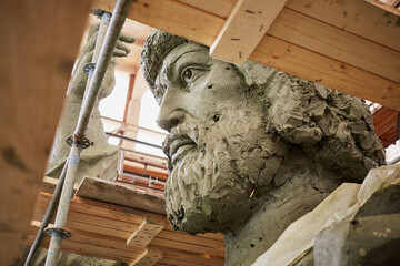  Head of clay sculpture to St. Prince Vladimir during manufacture in the workshop of sculptor...