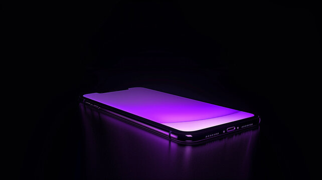 glowing purple smartphone screen in pitch black background