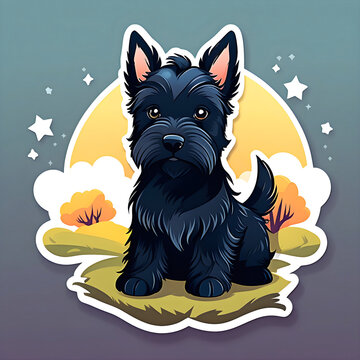 recommend clip art: adorable cute cartoon sticker art design of a black scottish terrier/scottie dog puppy against a sunset landscape of fields