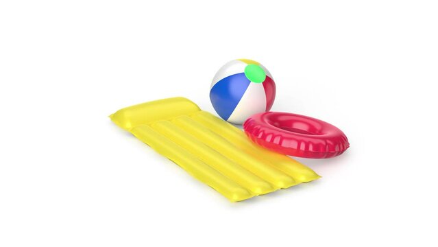 Yellow pool raft, colorful beach ball and swim ring on white background  