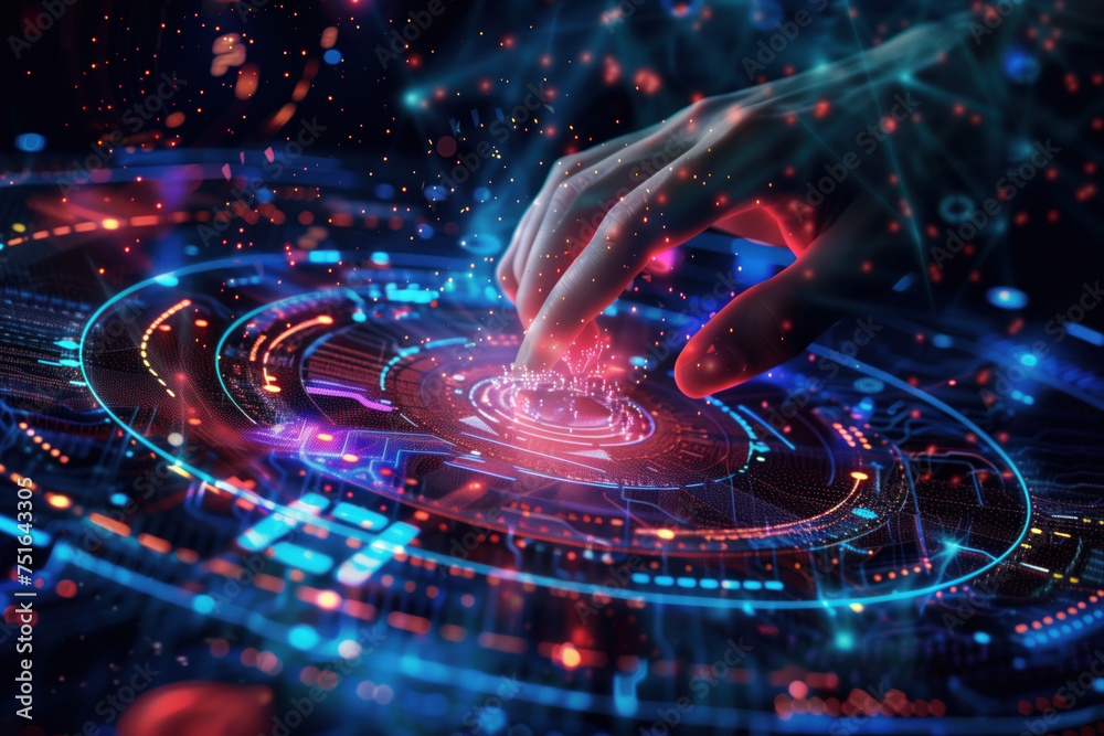 Poster digital interaction. hi-tech futuristic background. created with generative ai technology.