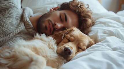 Serene Sleep with a Golden Cocker Spaniel, young man and his golden cocker spaniel dog peacefully asleep together in a cozy, white bed, showcasing the bond between humans and pets