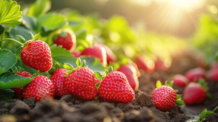 Fresh appetizing strawberries growing on a sunny summer field, copy space.