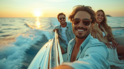 Sunset Cruise with Joyful Friends, Exuberant friends take a selfie on a yacht with the golden hues...