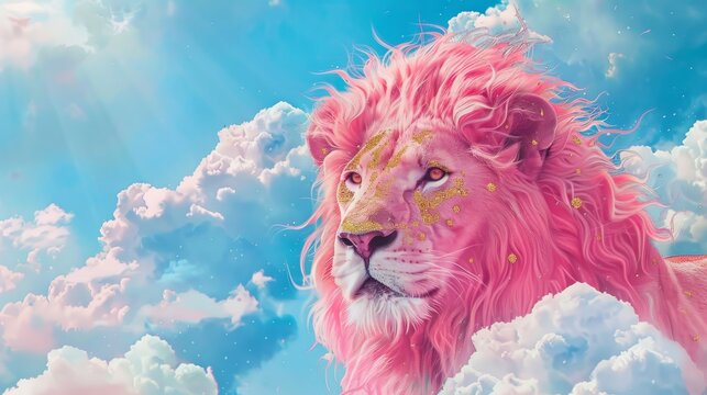 pink lion in the clouds background.
