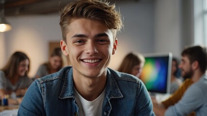 Young smiling western man on art workshop