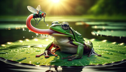 A frog is perched on a water lily leaf with a fly sitting on its elongated tongue, set against a backdrop of glistening water droplets and a warm sunlit pond. This is an AI-generated image. - obrazy, fototapety, plakaty