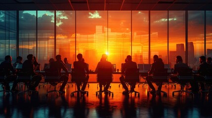 Sunset Strategy Meeting, diverse group of professionals engaged in a brainstorming session, silhouetted against a vibrant sunset through large windows of a modern office - obrazy, fototapety, plakaty