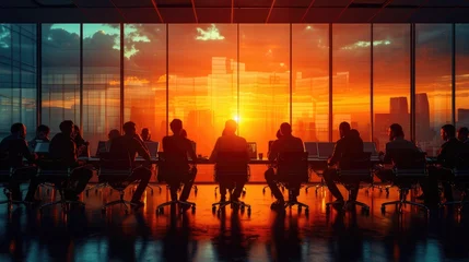 Foto op Plexiglas Sunset Strategy Meeting, diverse group of professionals engaged in a brainstorming session, silhouetted against a vibrant sunset through large windows of a modern office © Anastasiia