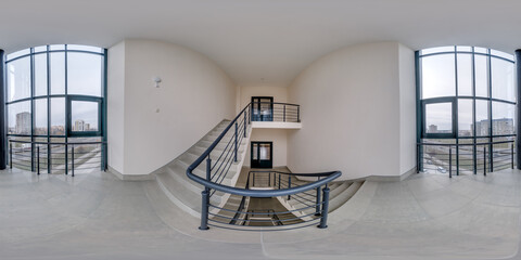 hdri 360 panorama view in empty modern hall near panoramic windows with columns, staircase and...