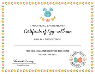 Easter Certificate from Easter bunny for kids. Excellence certificate for gut behavior, Easter gift, letter for children. Kids appreciation. Easter printable games and activities.