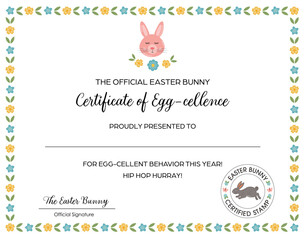 Easter Certificate from Easter bunny for kids. Easter printable games and activities. Excellence certificate for gut behavior, Easter gif for children. Kids appreciation.