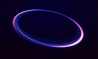 Neon circle frame on blue background. Glowing neon circle frame.  Circle lens ring with glitter 3d digital design.  Loop animation video of neon glowing stylish circle shape. 