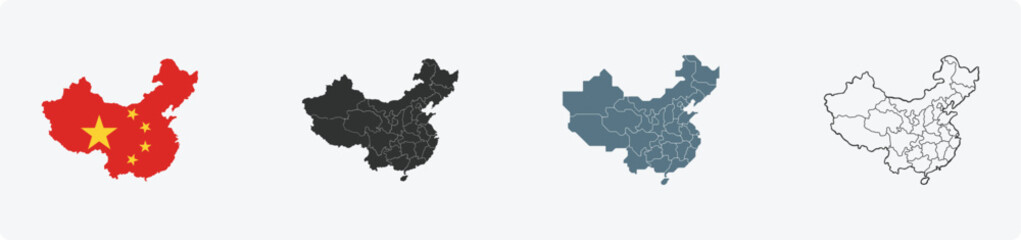 China map and flag design vector icon set. Black Outline vector Map of China with regions EPS 10