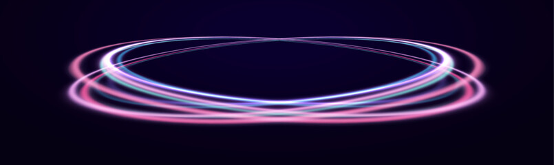 Abstract 3d illustration neon background. luminous swirling.  Set of neon glowing circles. Glowing rings on dark background. Vector illustration.  Swirl glow magic line trail. Light effect motion.