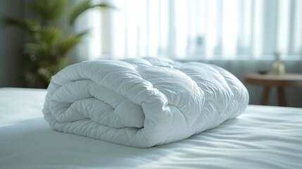 Cozy White Duvet on Bed, neatly folded white duvet on a bed, offering a sense of warmth and comfort in a brightly lit room with a minimalistic aesthetic