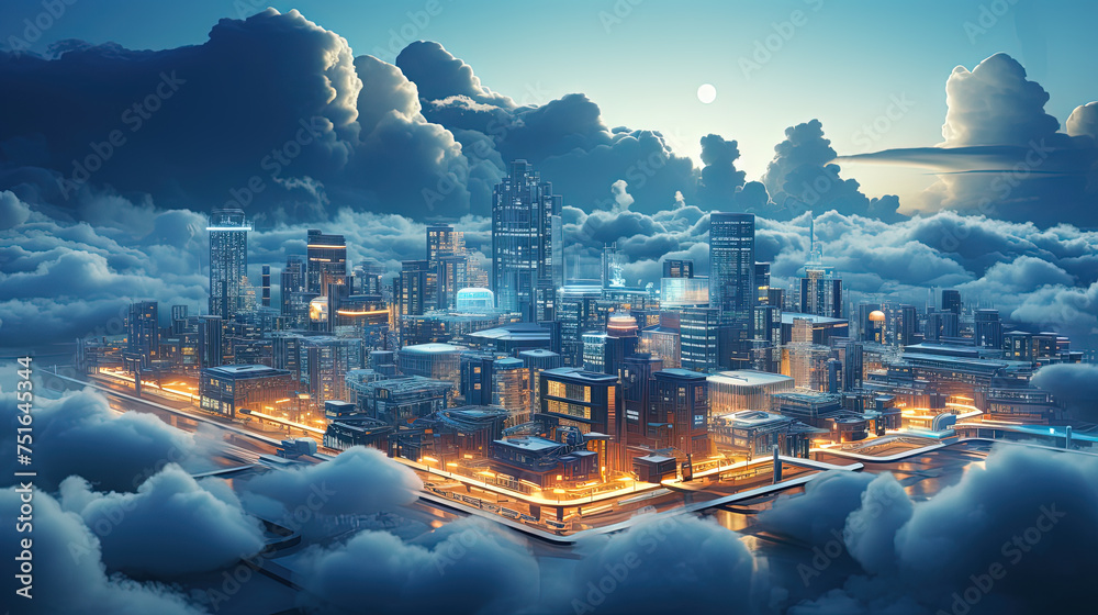 Poster Concept of a digital city with cloud connections. Futuristic network in the clouds.