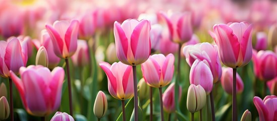 Obraz premium A field of vibrant pink tulip flowers with green stems stretches out under the sunlight. The blossoms are in full bloom, creating a beautiful and colorful scene in the landscape.
