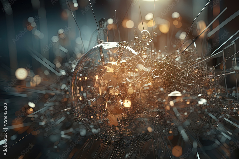 Poster Abstract burst of wires and particles on technology background. Scientific abstraction with mess of wires.