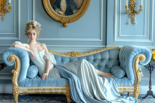 Photo de mode d'une femme allong&eacute;e sur un sofa bleu, &eacute;poque renaissance, robe bustier avec corset, coiffure chignon