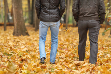 Detail of two friend in black jackets walk in autumn woods, back view