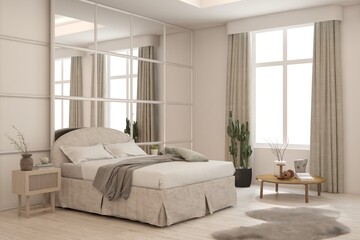 White bedroom concept. Scandinavian interior design. 3D illustration
