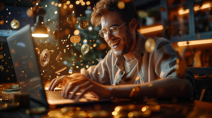 Naklejka premium Man laughing, typing, Bitcoin tokens falling around. Concept of crypto mining 