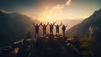 back view group of people spending time together in the mountains and excited making a winner gesture with arms raised over with warm Sunset Light