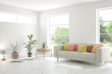 White living room with sofa and summer landscape in window. Scandinavian interior design. 3D illustration